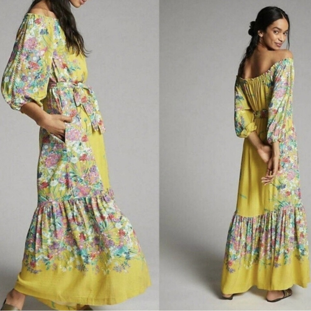 Anthropologie Size 2X Yellow Boho Floral Belt Off The Shoulder Eliora Maxi Dress